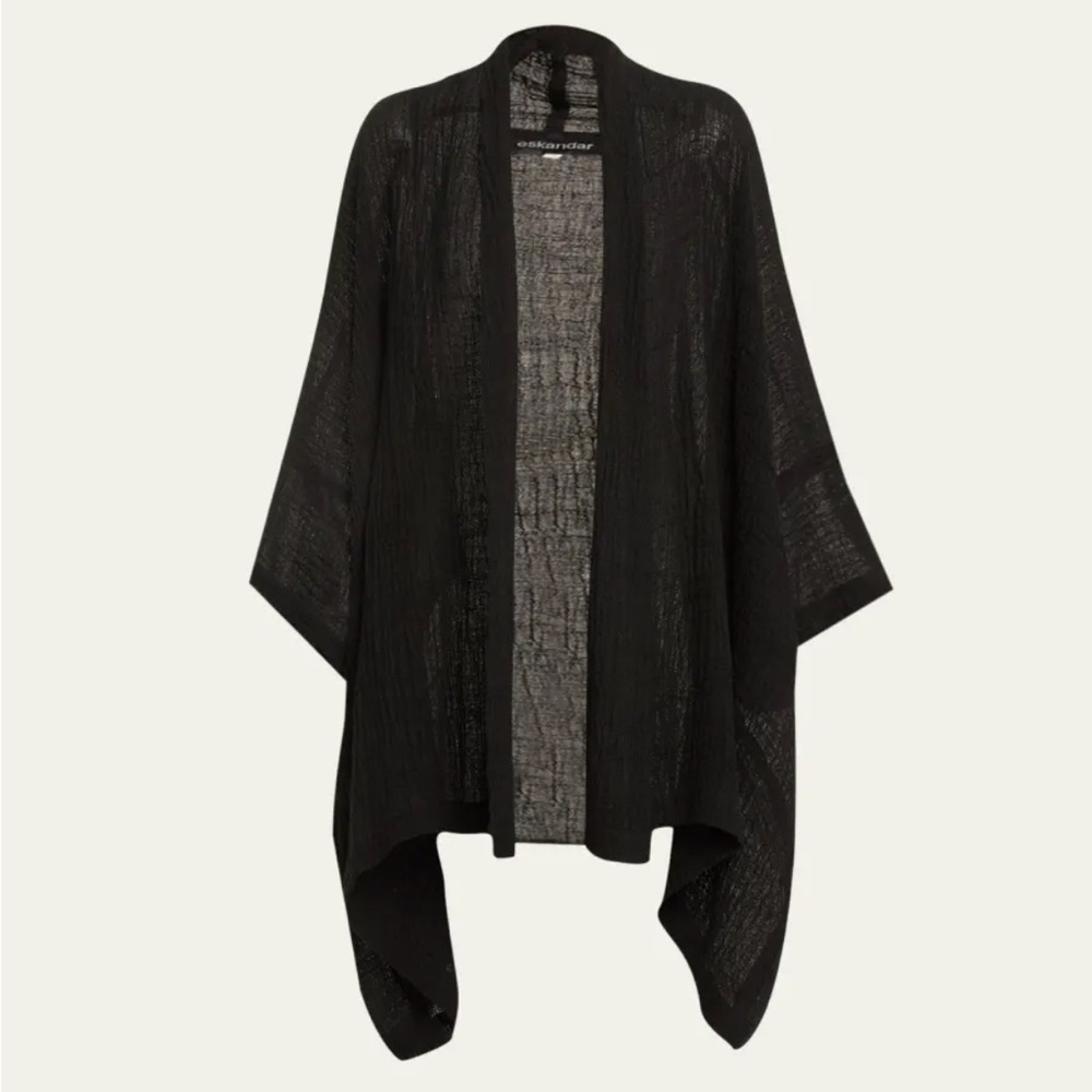 ESKANDAR Linen Gauze Wide Short Sleeve Scrunch Shawl Collar Jacket - Long Plus